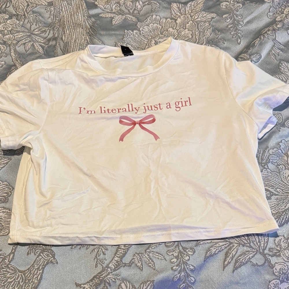SHEIN White Tee with Pink Bow Graphic